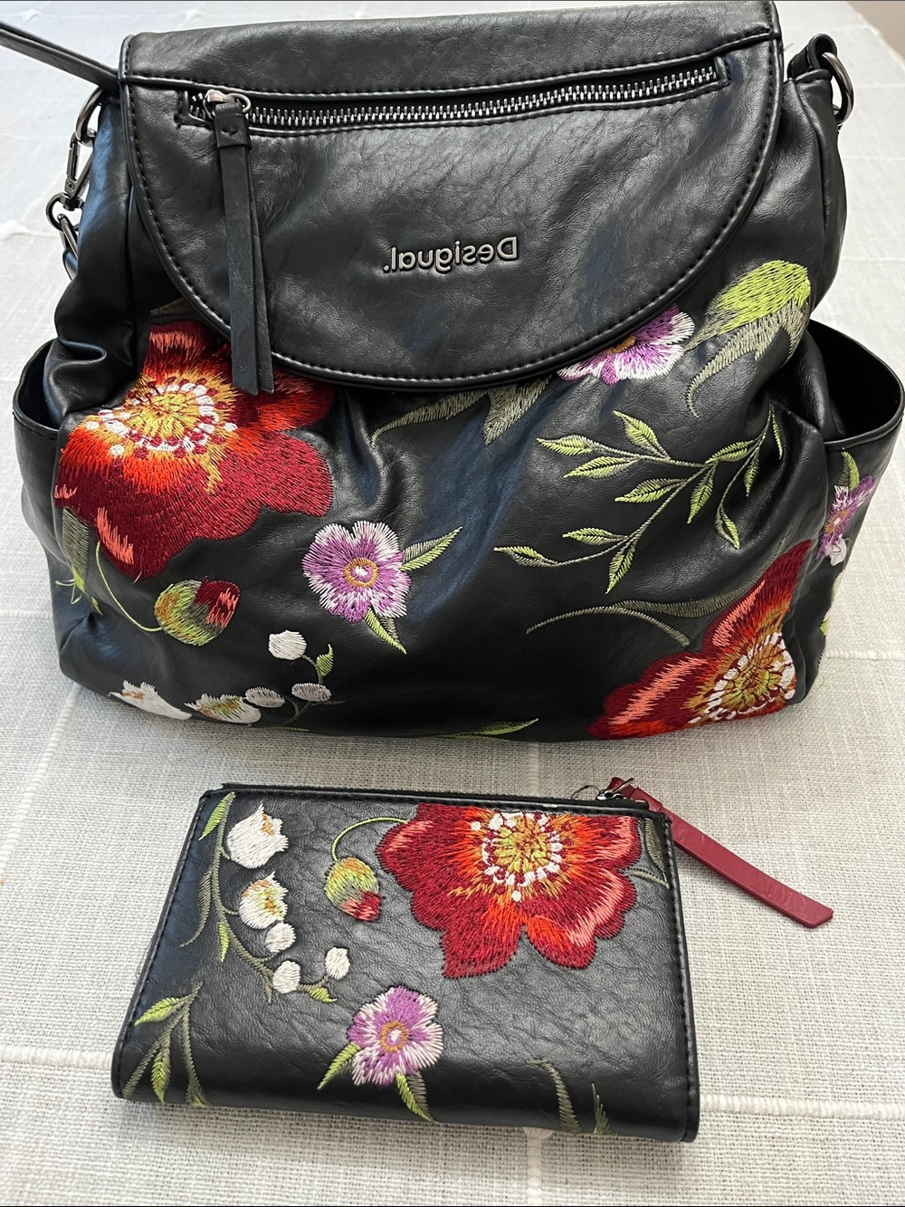 Desigual Black Shoulder Bag with Red & Pink Floral Embroidery